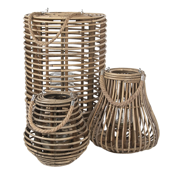 Clayre & Eef Windlicht  Ø 27x30 cm Beige Hout Glas Rond Kaarsenhouder