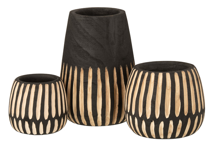 J-Line Vaas Strepen Paulownia Zwart|Naturel