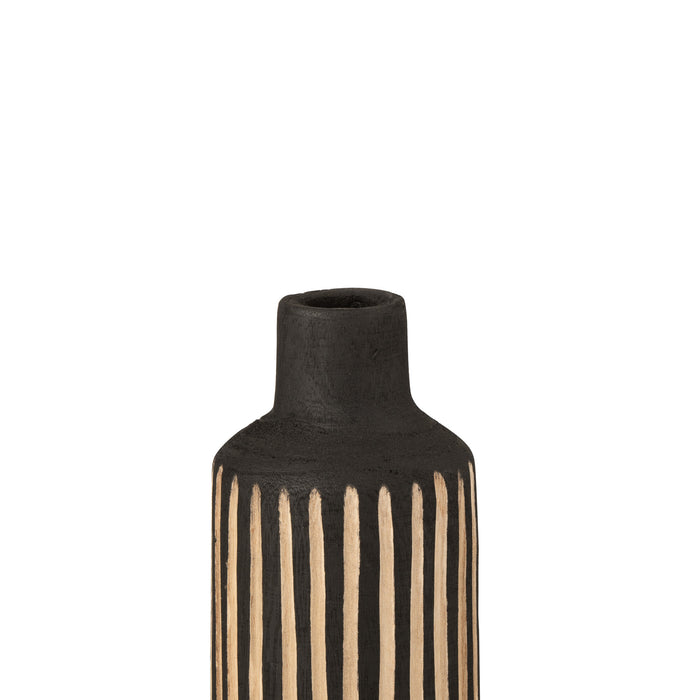 J-Line Vaas Fles Strepen Paulownia Zwart|Naturel Small