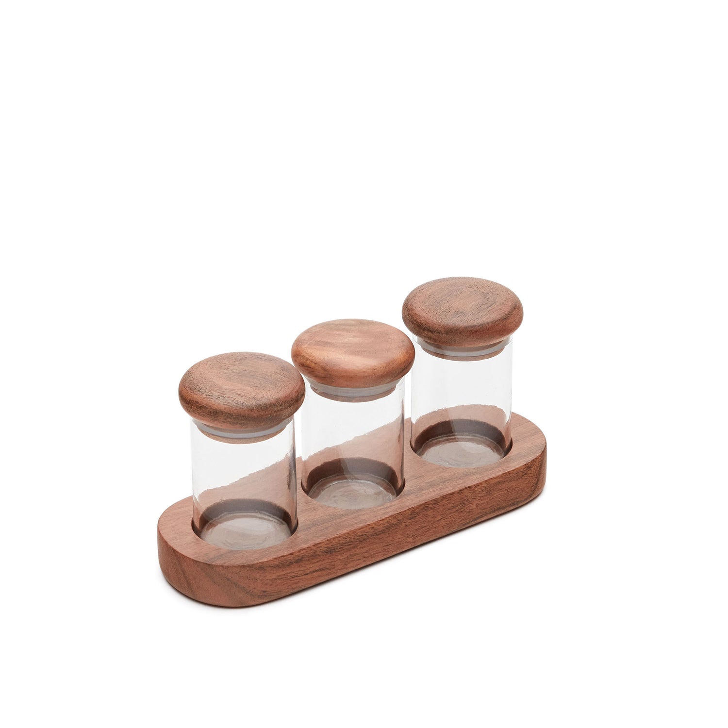 Kave Home - Emelin set van 3 kruidenpotjes van glas en acaciahout