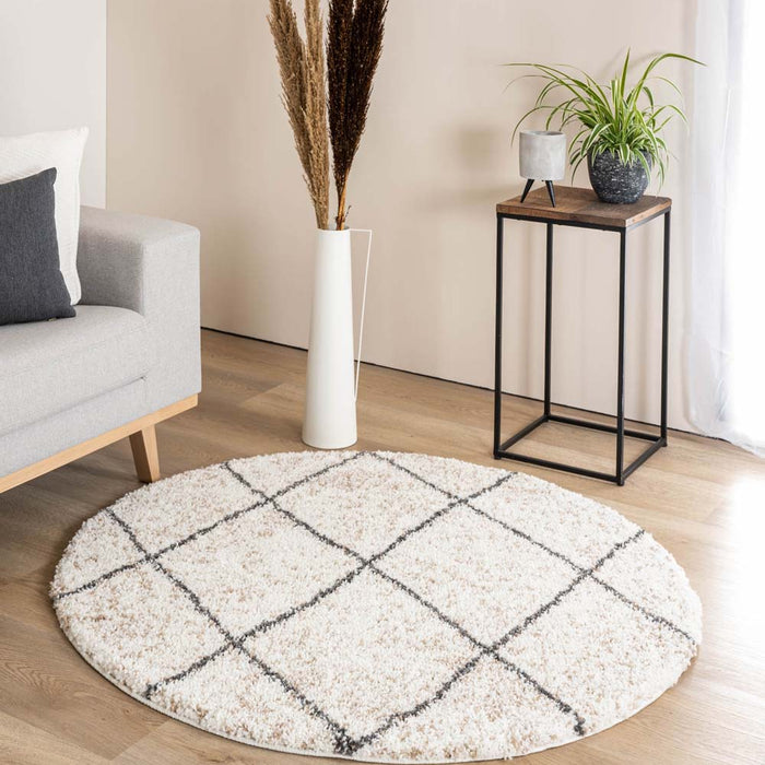 Boho&me Rond hoogpolig vloerkleed geruit Artisan - wit|grijs - 100 cm