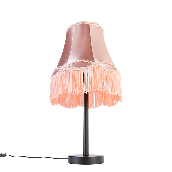 QAZQA Klassieke tafellamp zwart met granny kap roze 30 cm - Simplo