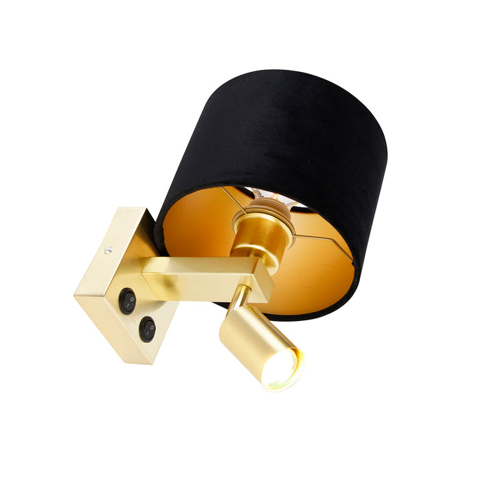 QAZQA Wandlamp messing met leeslamp en kap 18 cm zwart - Brescia