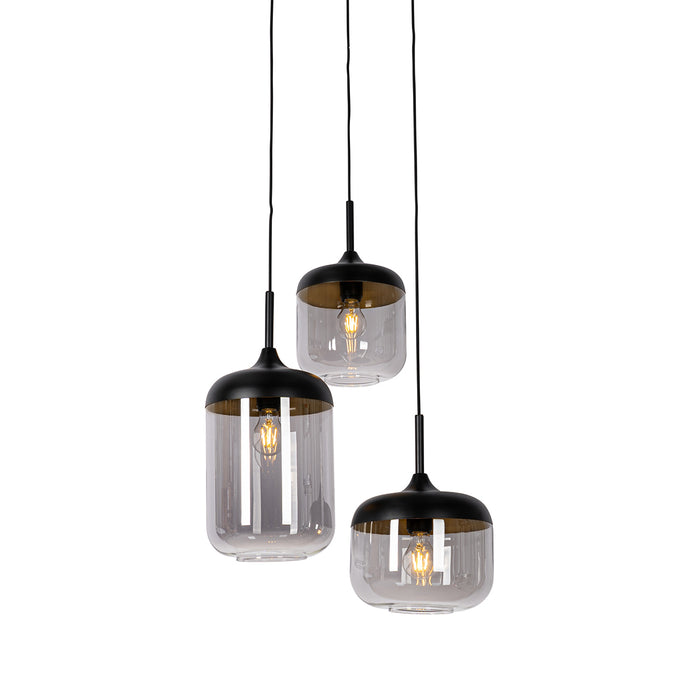 QAZQA Hanglamp zwart met goud en smoke glas 3-lichts rond - Kyan