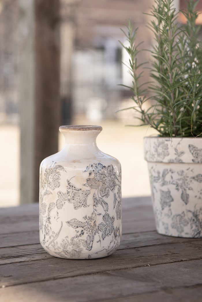 Clayre & Eef Vaas  Ø 11x17 cm Grijs Beige Keramiek Bloemen Decoratie