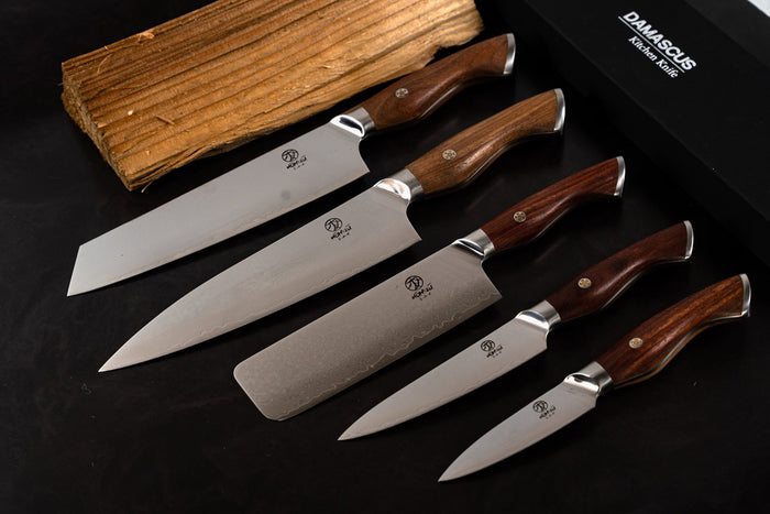 Homizu Baranoki koksmes - 20cm - VG-10 damascus mes|rozenhout - bruin