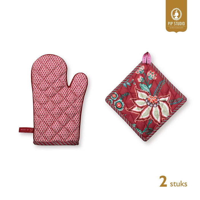 Pip Studio Flower Festival Pannenlappen en Ovenwanten - Roze - 2 Stuks