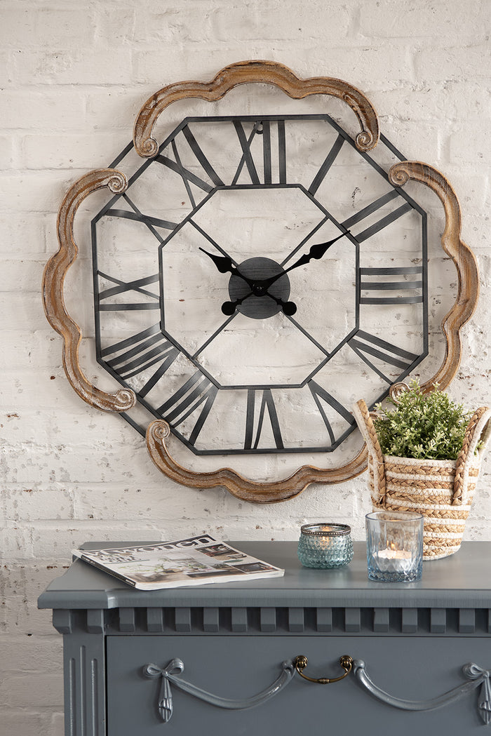 Clayre & Eef Wandklok  Ø 70 cm Bruin Grijs Hout Ijzer Muurklok