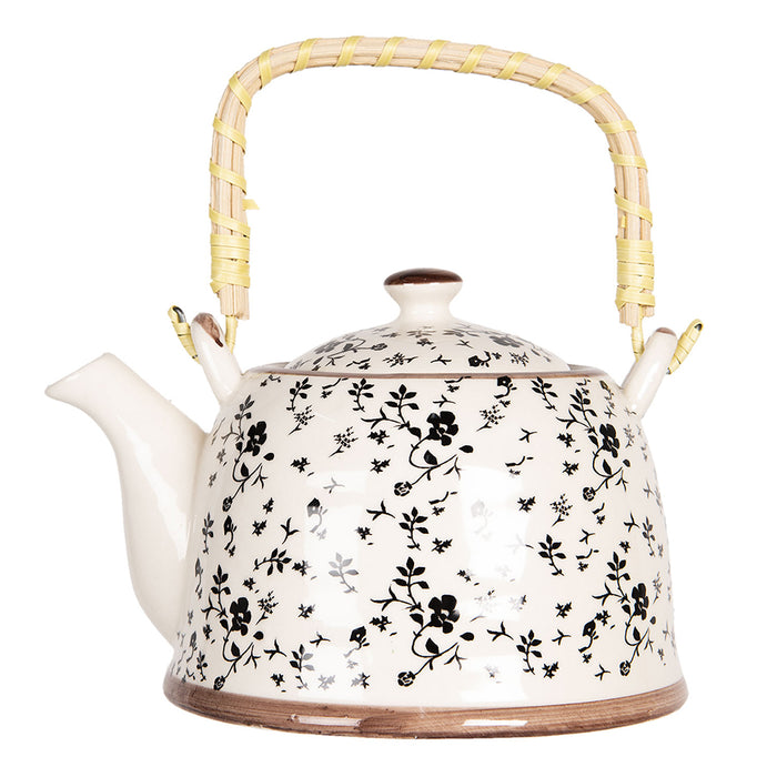 Clayre & Eef Theepot met Filter 800 ml Beige Zwart Porselein Bloemen