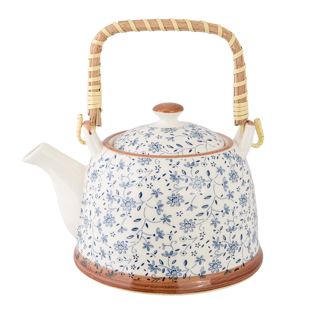 Clayre & Eef Theepot met Filter 700 ml Blauw Keramiek Bloemen