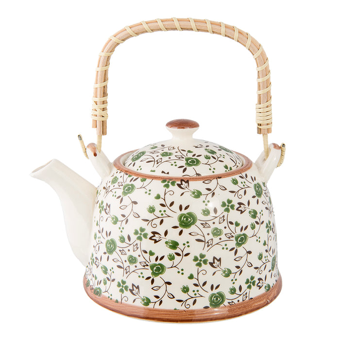 Clayre & Eef Theepot met Filter 700 ml Groen Keramiek Bloemen