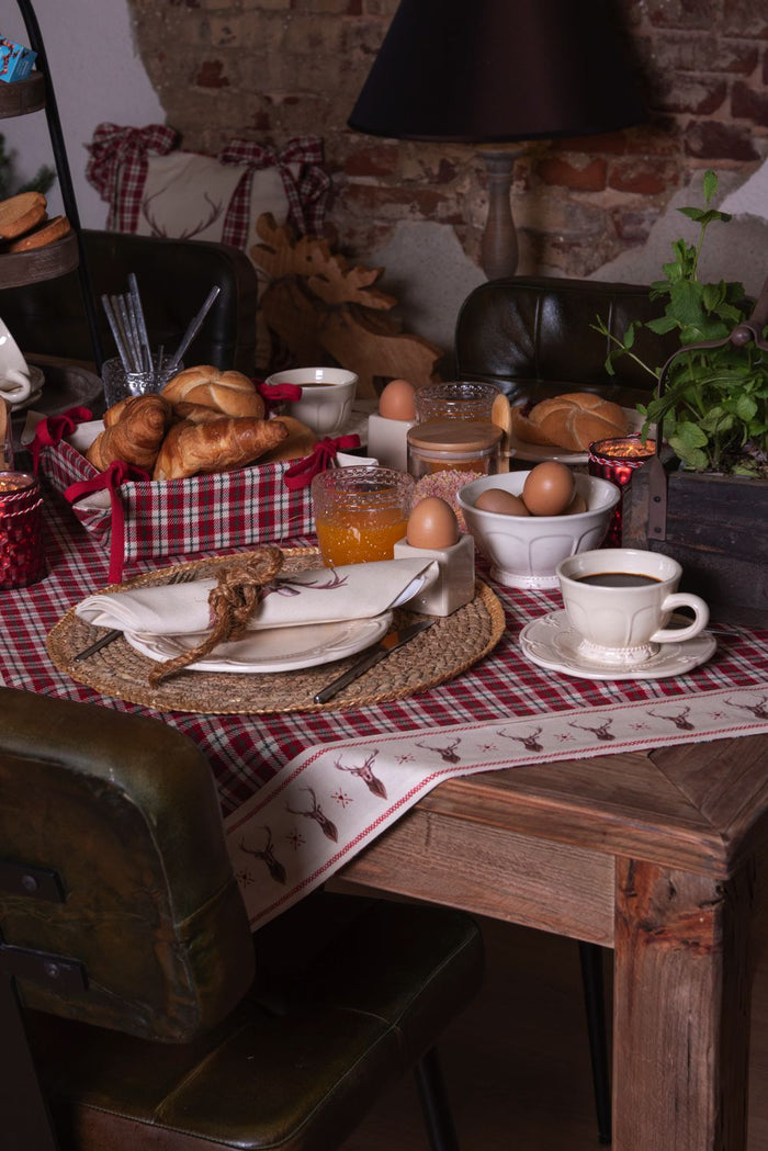 Clayre & Eef Tafelloper 50x140 cm Rood Beige Katoen Ruit Hert