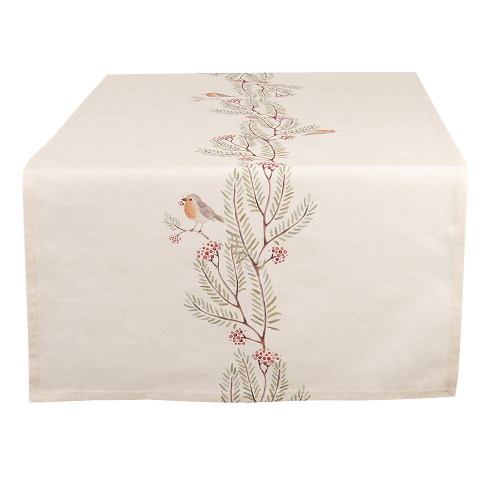 Clayre & Eef Tafelloper  50x140 cm Beige Groen Katoen Rechthoek Vogel