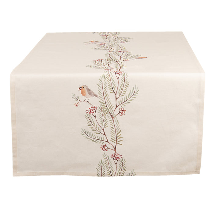 Clayre & Eef Tafelloper  50x140 cm Beige Groen Katoen Rechthoek Vogel