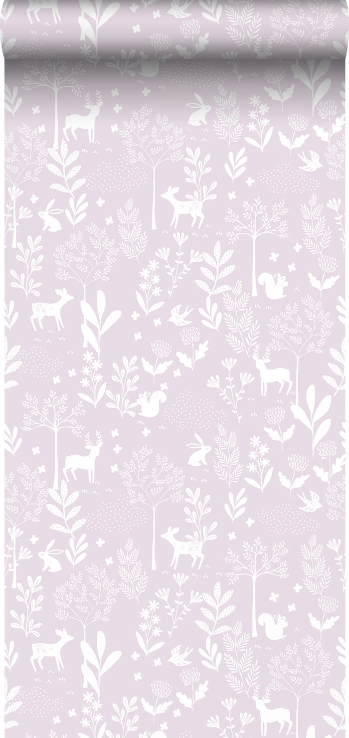 ESTAhome behang bos met bosdieren lila paars - 50 x 900 cm - 139523