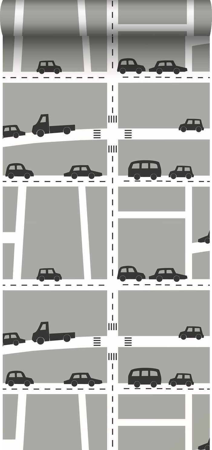 ESTAhome behang auto's grijs, zwart en wit - 0,53 x 10,05 m - 139282