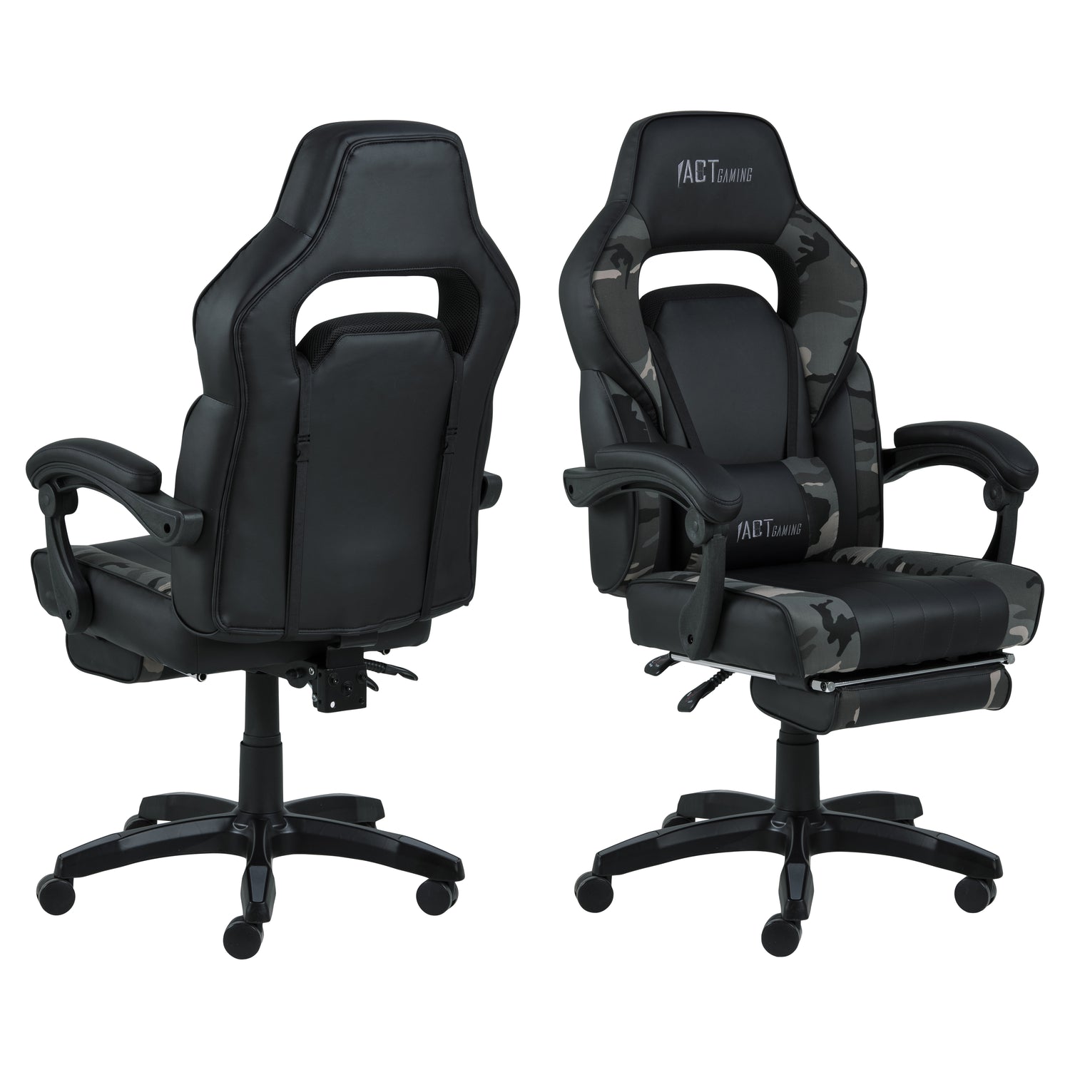 Hioshop Canie gamestoel met voetsteun, camouflagegrijs en zwart.