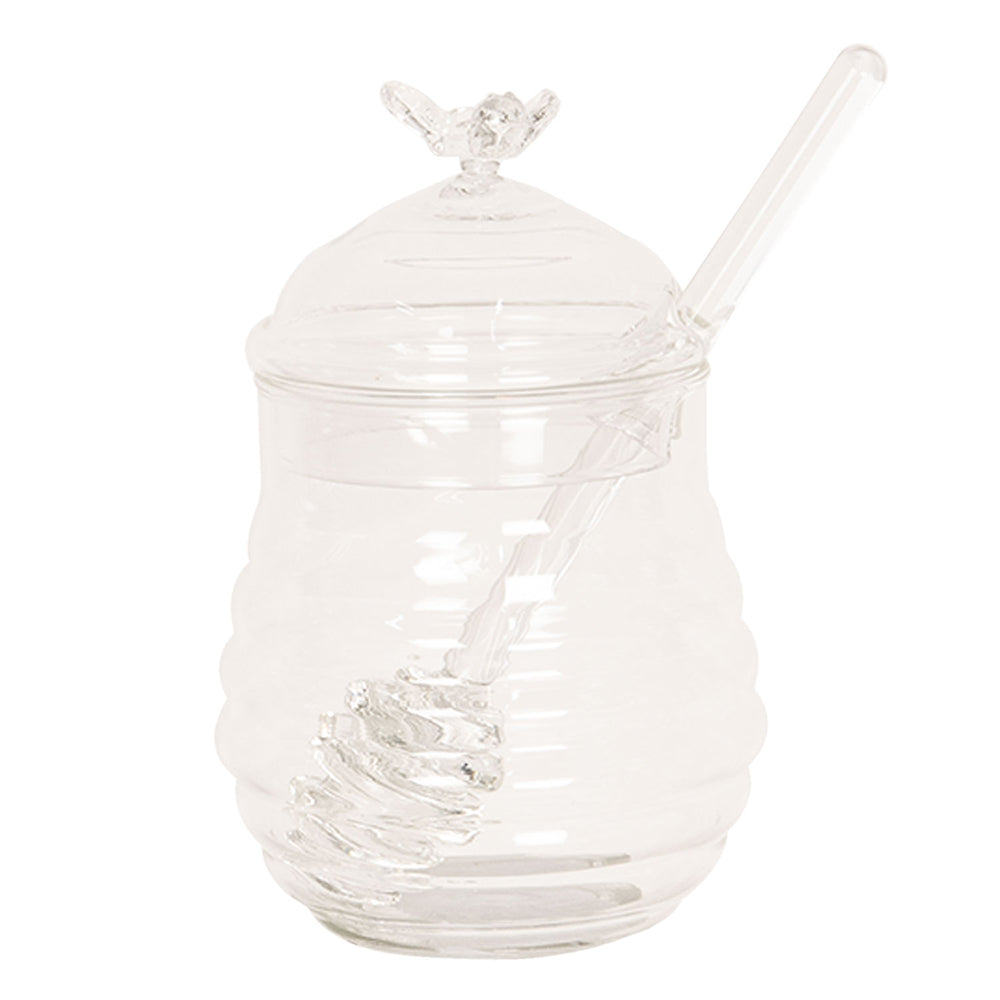 Clayre & Eef Honingpot met Lepel  Ø 8x12 cm Glas Rond Voorraadpot