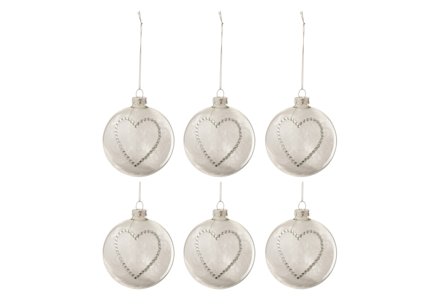 J-Line Kerstballen Hart Strass Zilver Small Set van 6