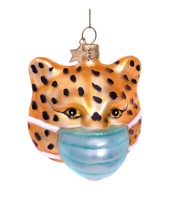 Vondels Glazen kerst decoratie gouden panter met masker H7.5cm
