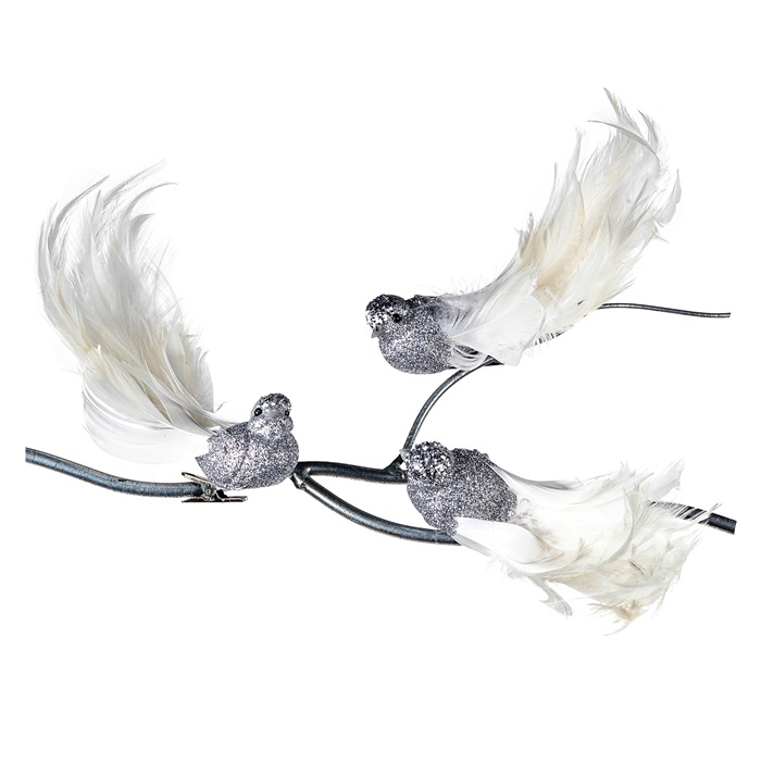 Goodwill Kerstbal-Vogel op klip Zilver-Wit 18 cm Assortiment 3 Stuks