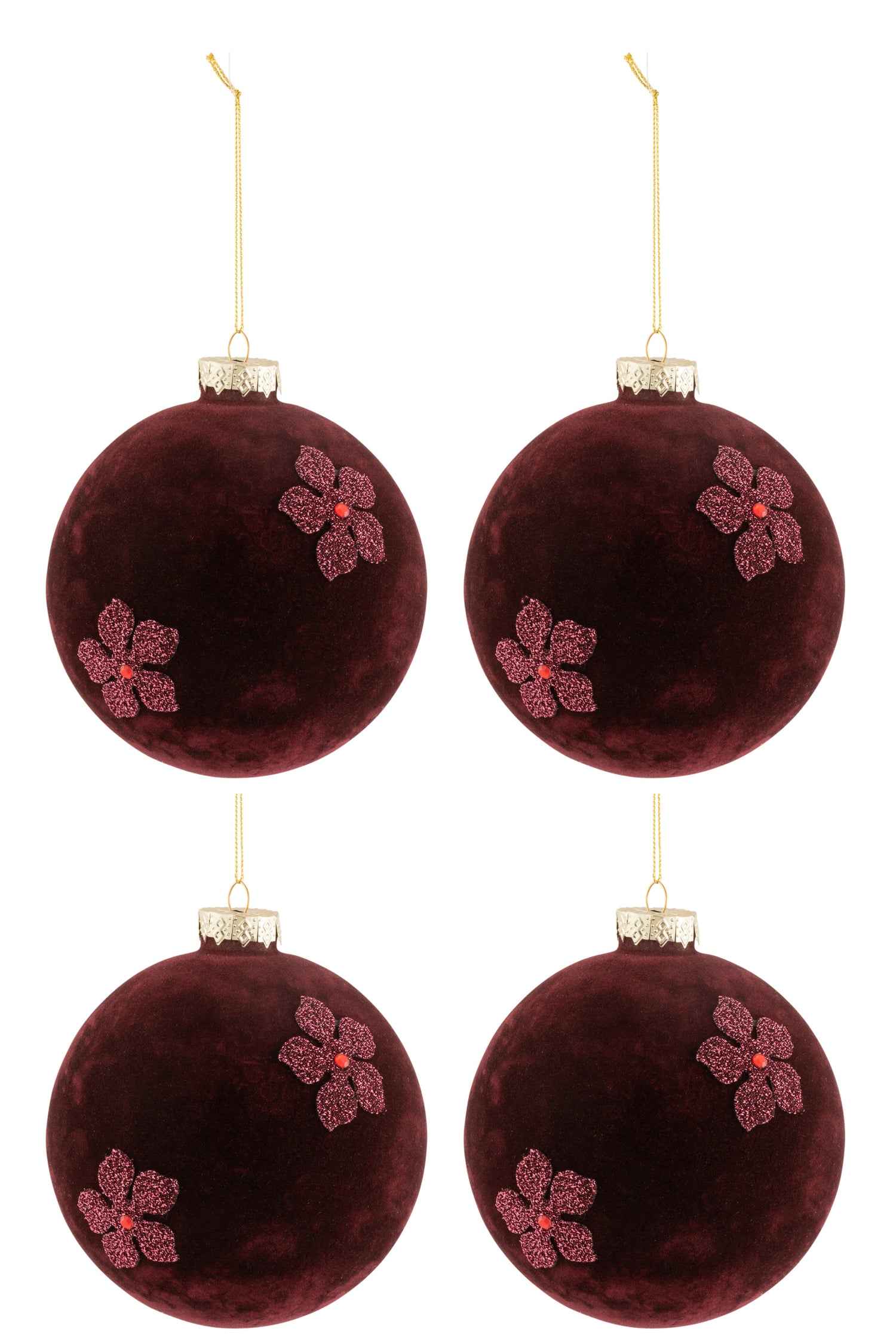 J-Line Kerstballen Bloemen Fluweel Bordeaux Large Set van 4