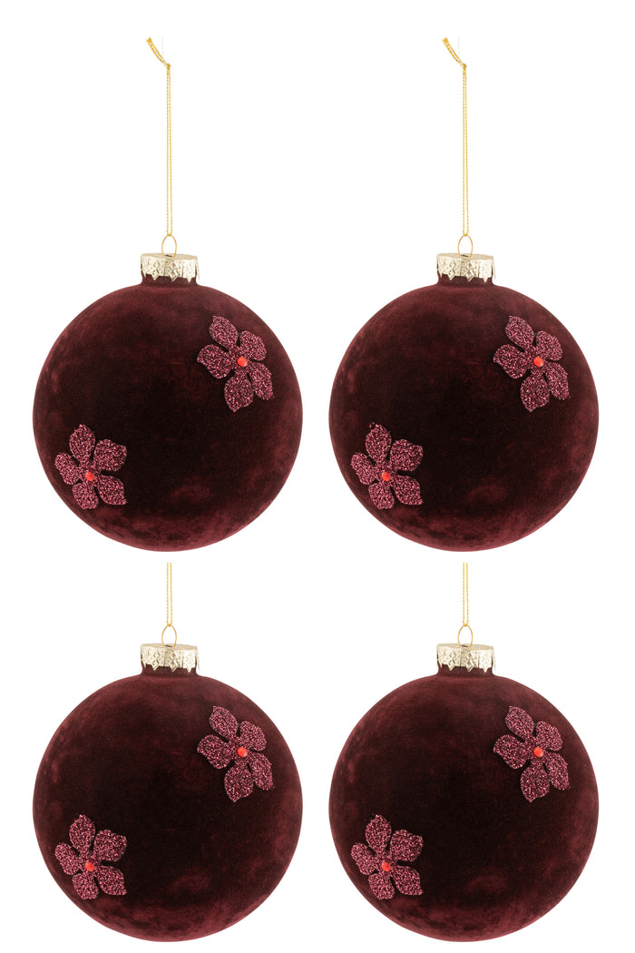 J-Line Kerstballen Bloemen Fluweel Bordeaux Large Set van 4
