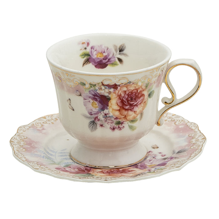 Clayre & Eef Kop en schotel  200 ml Beige Roze Porselein Rond Bloemen