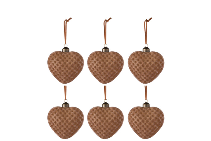 J-Line Kerstballen Hart Fluweel Bruin Set van 6