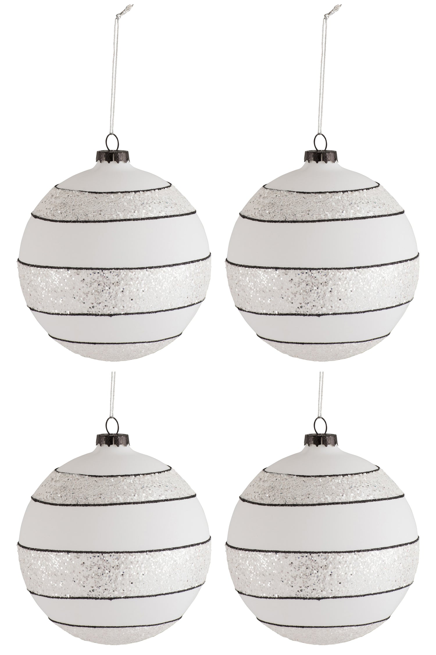 J-Line Kerstballen Strepen Glitters Zwart Wit Set van 4