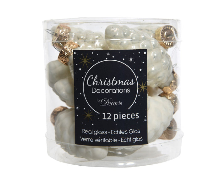 Decoris 2 stuks 12 Glazen dennenappels 40 mm wol wit