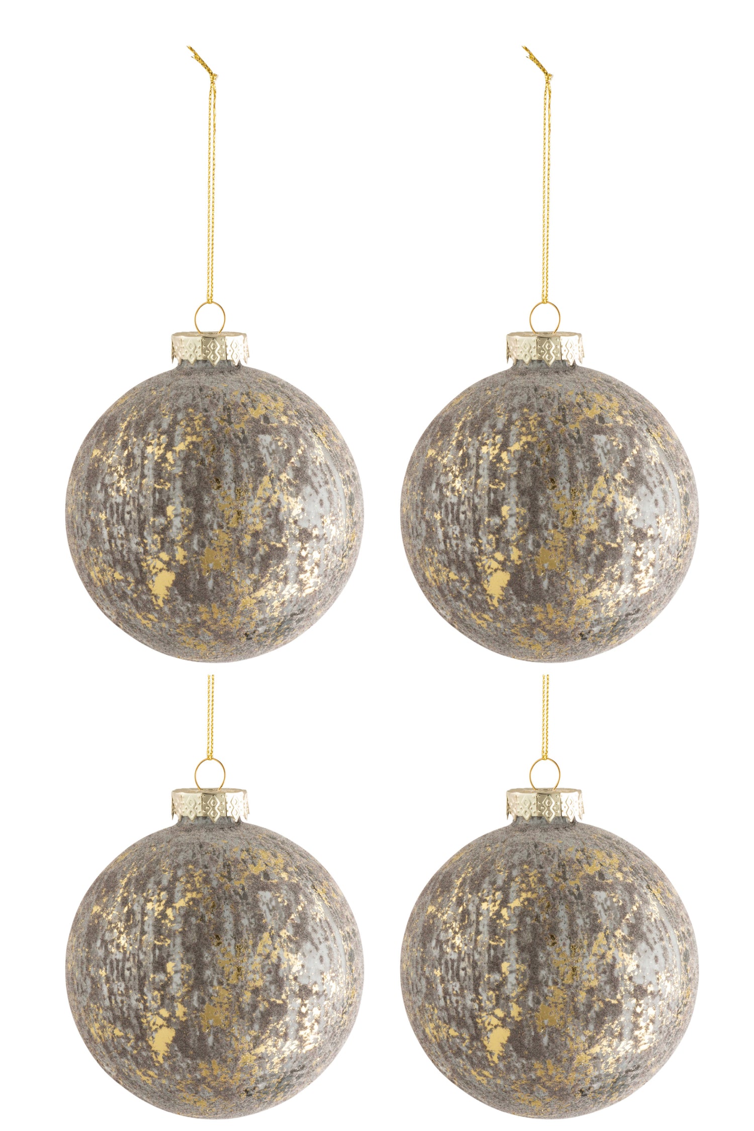 J-Line Kerstballen Fluweel Grijs Goud Medium Set van 4