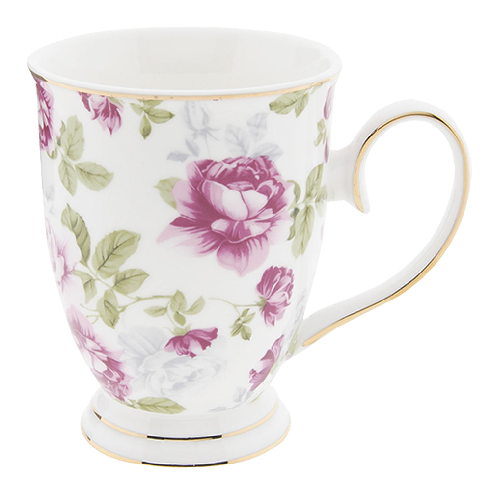 Clayre & Eef Mok  250 ml Roze Wit Porselein Rond Bloemen Koffiemok