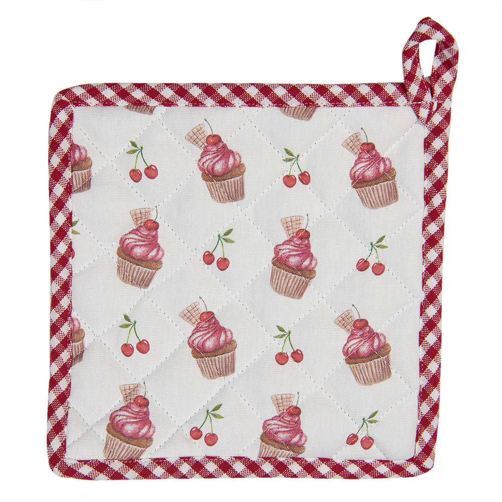 Clayre & Eef Pannenlap 20x20 cm Rood Wit Katoen Cupcakes