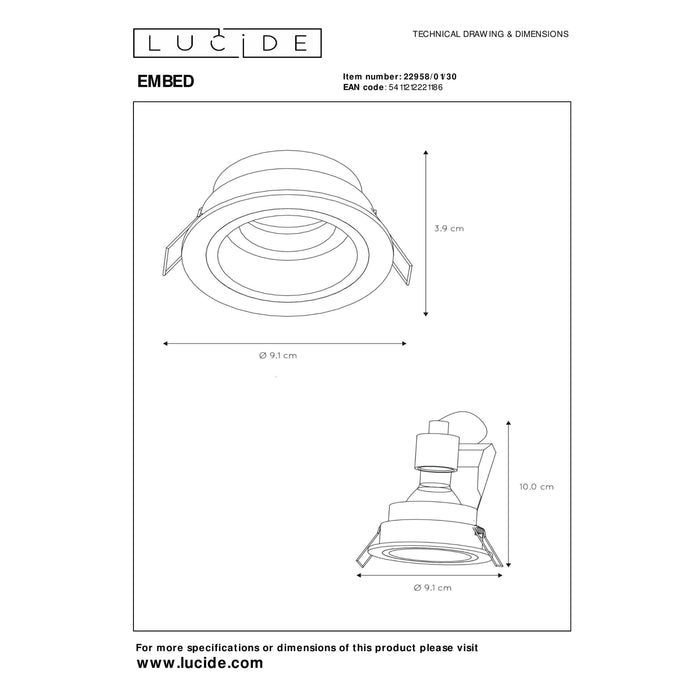 Lucide EMBED - Inbouwspot - Ø 9,1 cm - 1xGU10 - Zw