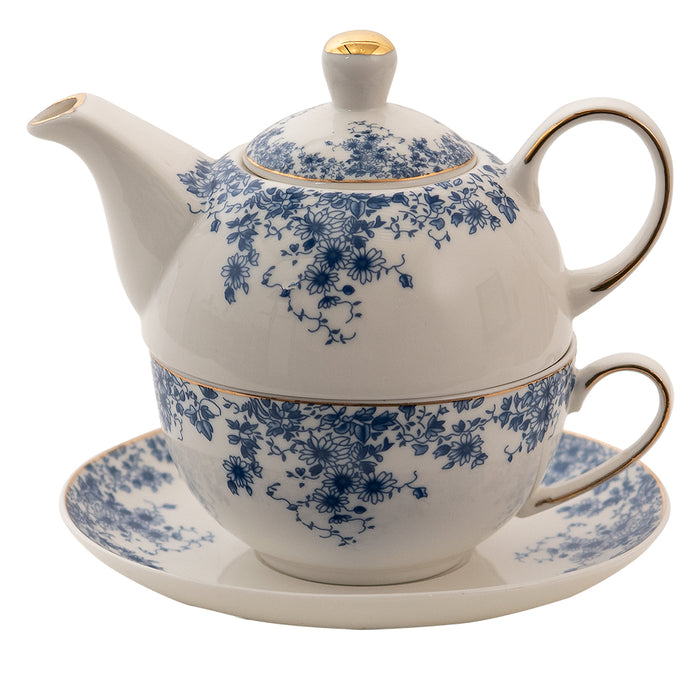 Clayre & Eef Tea for One  400 ml Blauw Porselein Bloemen Theepot set