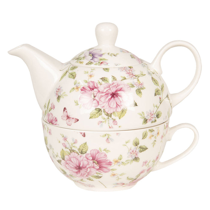 Clayre & Eef Tea for One  400 ml | 250 ml Roze Wit Porselein Bloemen