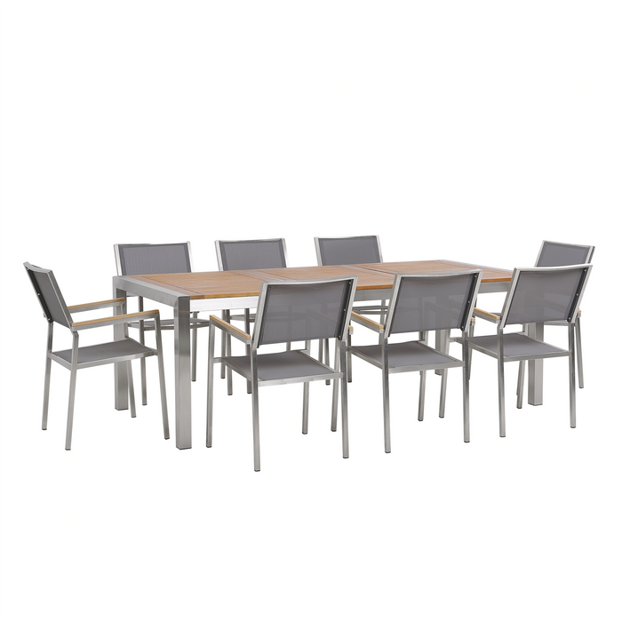 Beliani-GROSSETO -Tuinset voor 8-Licht hout|Zwart-Eucalyptushout|RVS