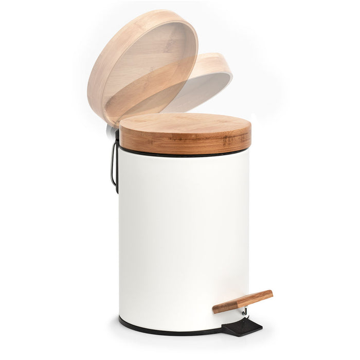Zeller Pedaalemmer - 3L - wit - metaal en bamboe - 24 cm