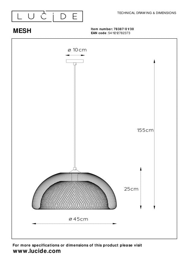 Lucide MESH Hanglamp 1xE27 - Zwart