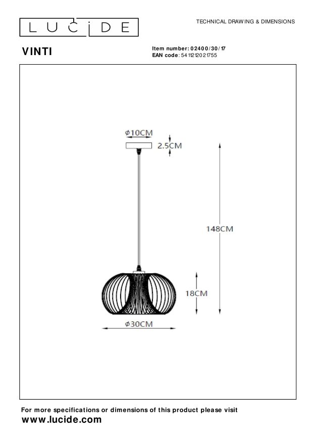 Lucide VINTI Hanglamp - Koper