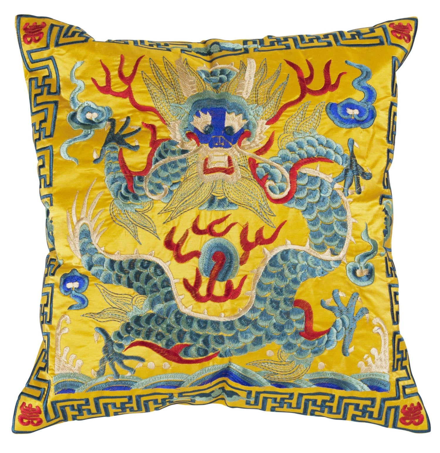 Fine Asianliving Kussenhoes Volledig Geborduurd Geel Draak 45x45cm