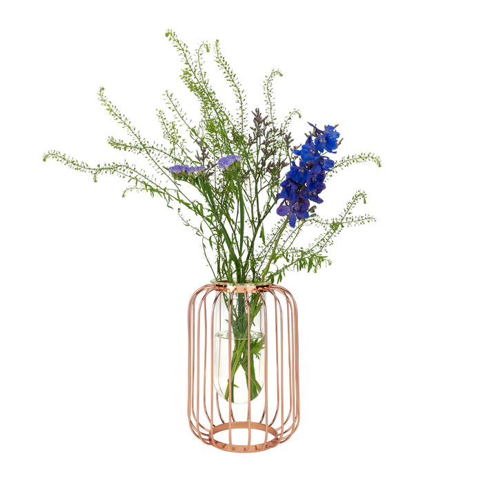 QUVIO Vaas met spijlen - 22,5 cm - Metaal & glas - Rosegoud