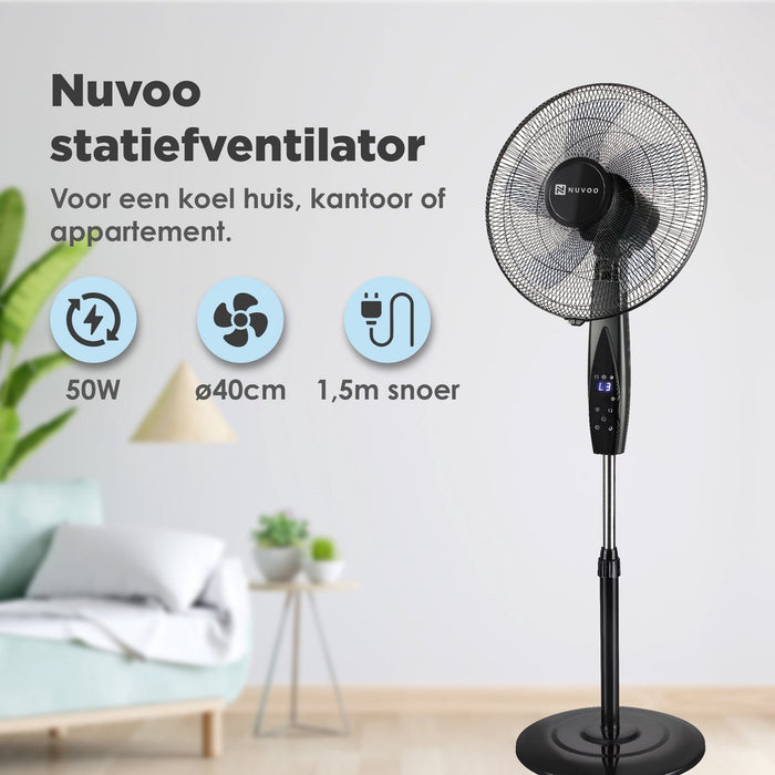 Nuvoo Statiefventilator Zwart 40cm – 3 Standen – Timer – Remote