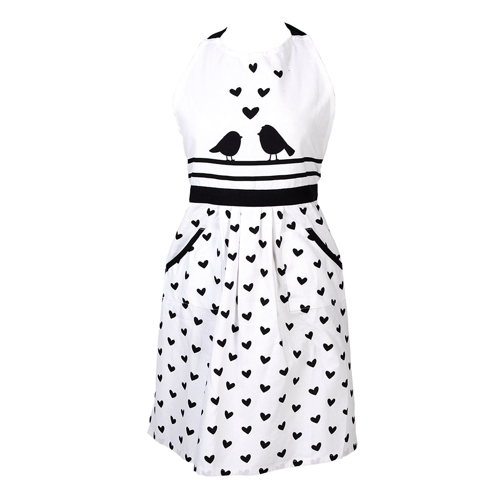 Clayre & Eef Keukenschort  70x85 cm Wit Zwart Katoen Harten Vogels BBQ