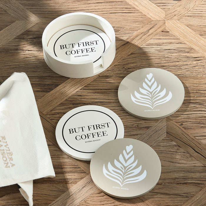 Riviera Maison Onderzetters beige met houder - But First Coffee 4 stuk