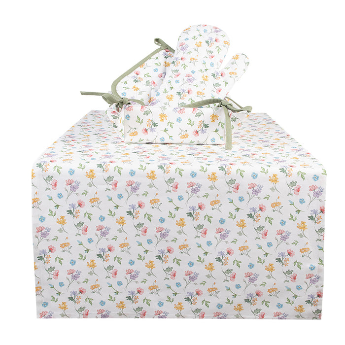 Clayre & Eef Tafelloper 50x140 cm Wit Katoen Bloemen