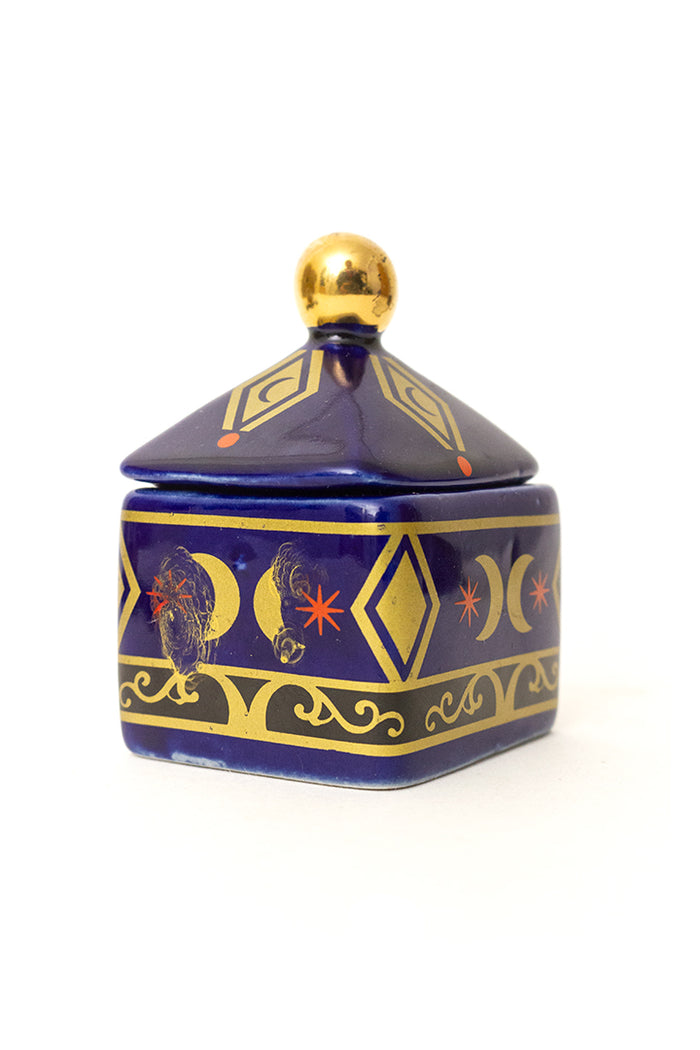 Reliving Blauw Potje Van Keramiek Met Print Van Goudkleurige Manen -