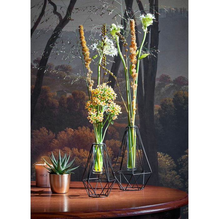 Mica Decorations Vaas - zwart metaal met glaasje - 11 x 10 x 17 cm