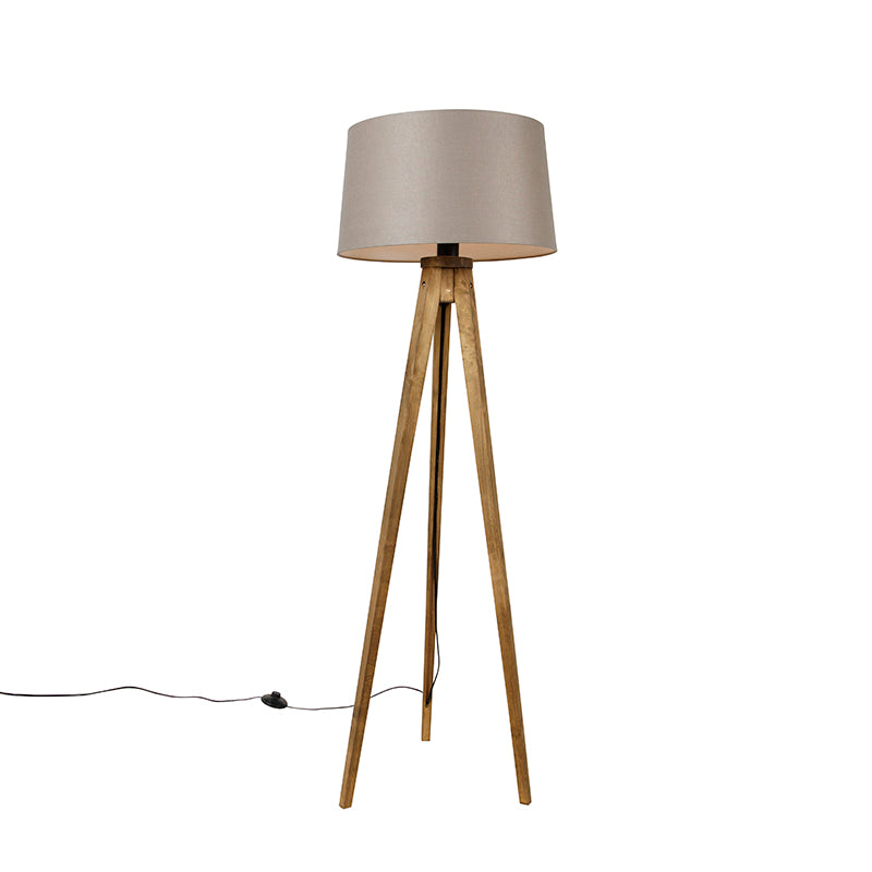 QAZQA Landelijke tripod vintage hout met linnen kap taupe 45 cm -